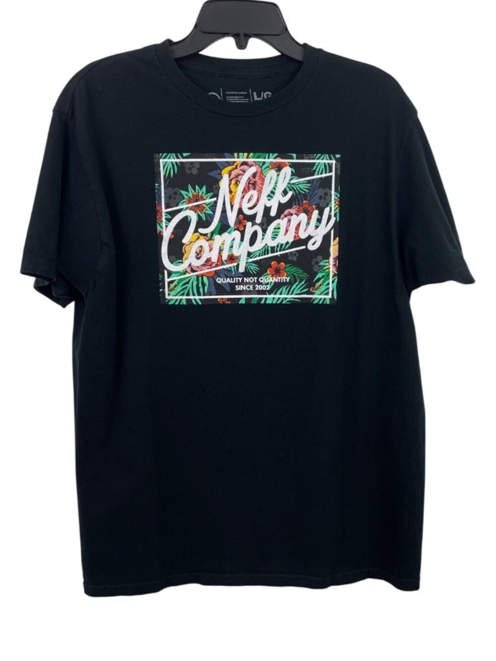 Neff Company Mens Black Graphic Tee With Tropical Floral Design Size Large